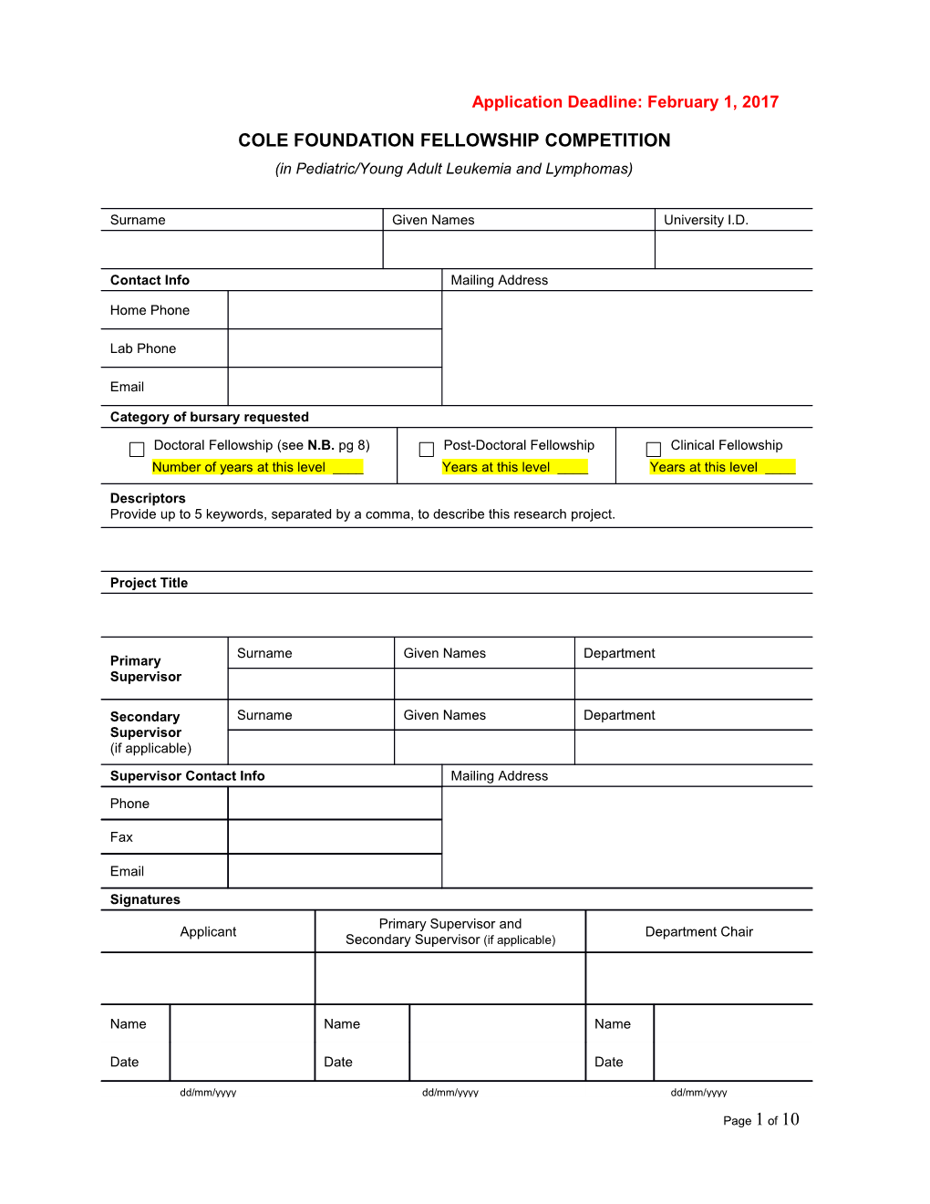 Cole Foundation Fellowship Competition