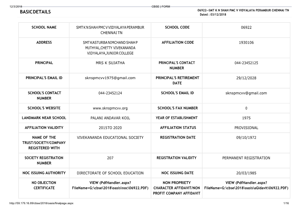 BASIC DETAILS 06922--SMT K N SHAH PMC V VIDYALAYA PERAMBUR CHENNAI TN Dated : 03/12/2018