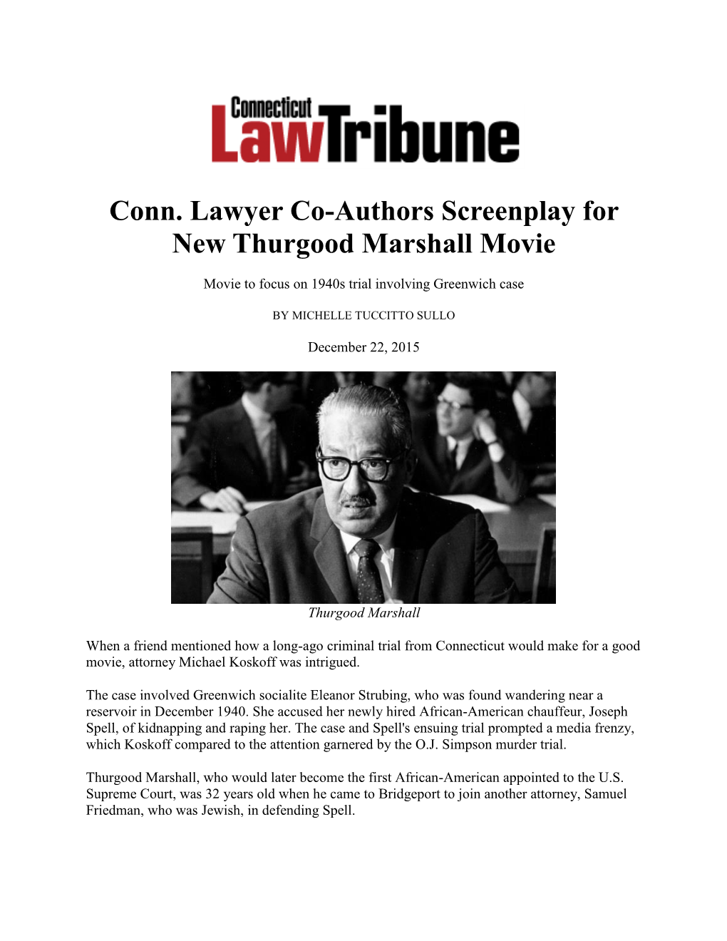 Conn. Lawyer Co-Authors Screenplay for New Thurgood Marshall Movie
