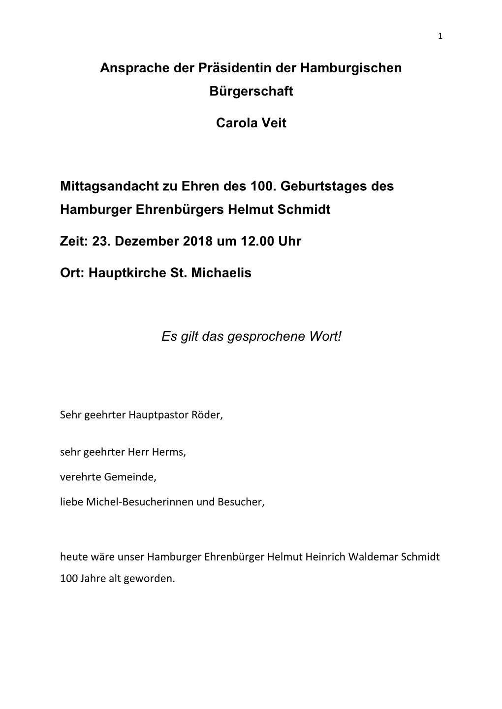 Ansprache Der Präsidentin Der Hamburgischen Bürgerschaft