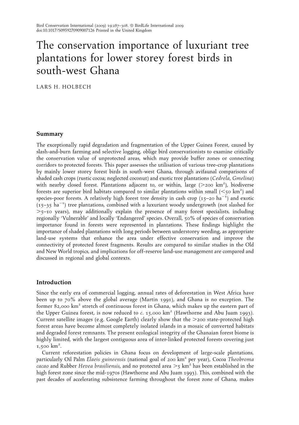 The Conservation Importance of Luxuriant Tree Plantations for Lower Storey Forest Birds in South-West Ghana