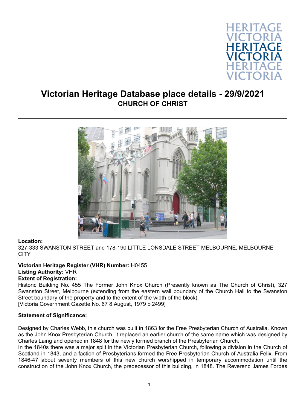 Victorian Heritage Database Place Details - 29/9/2021 CHURCH of CHRIST