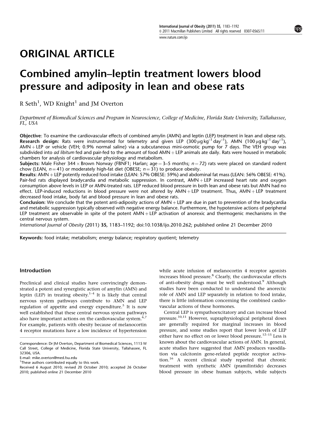 Combined Amylin–Leptin Treatment Lowers Blood Pressure and Adiposity in Lean and Obese Rats