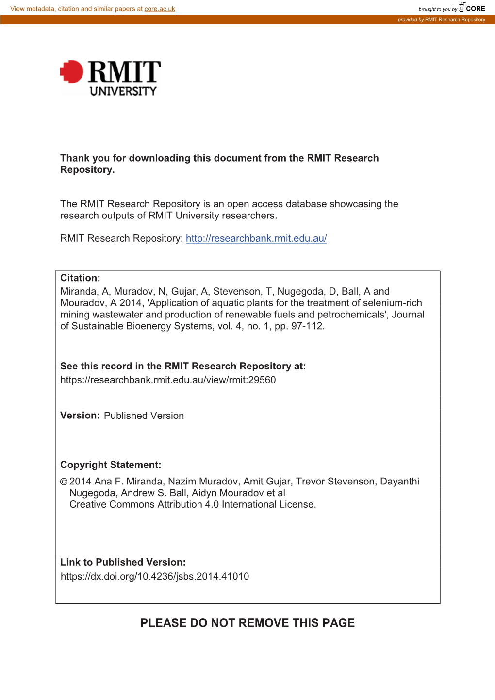 PLEASE DO NOT REMOVE THIS PAGE Journal of Sustainable Bioenergy Systems, 2014, 4, 97-112 Published Online March 2014 in Scires