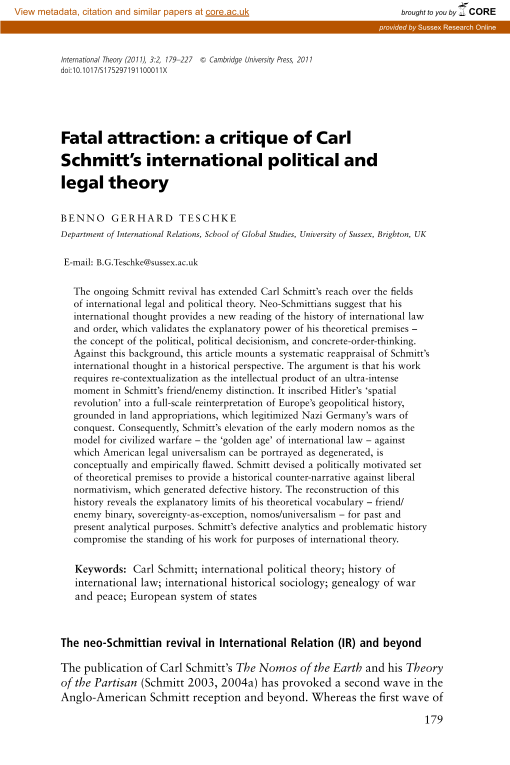 Fatal Attraction: a Critique of Carl Schmitt's International Political And