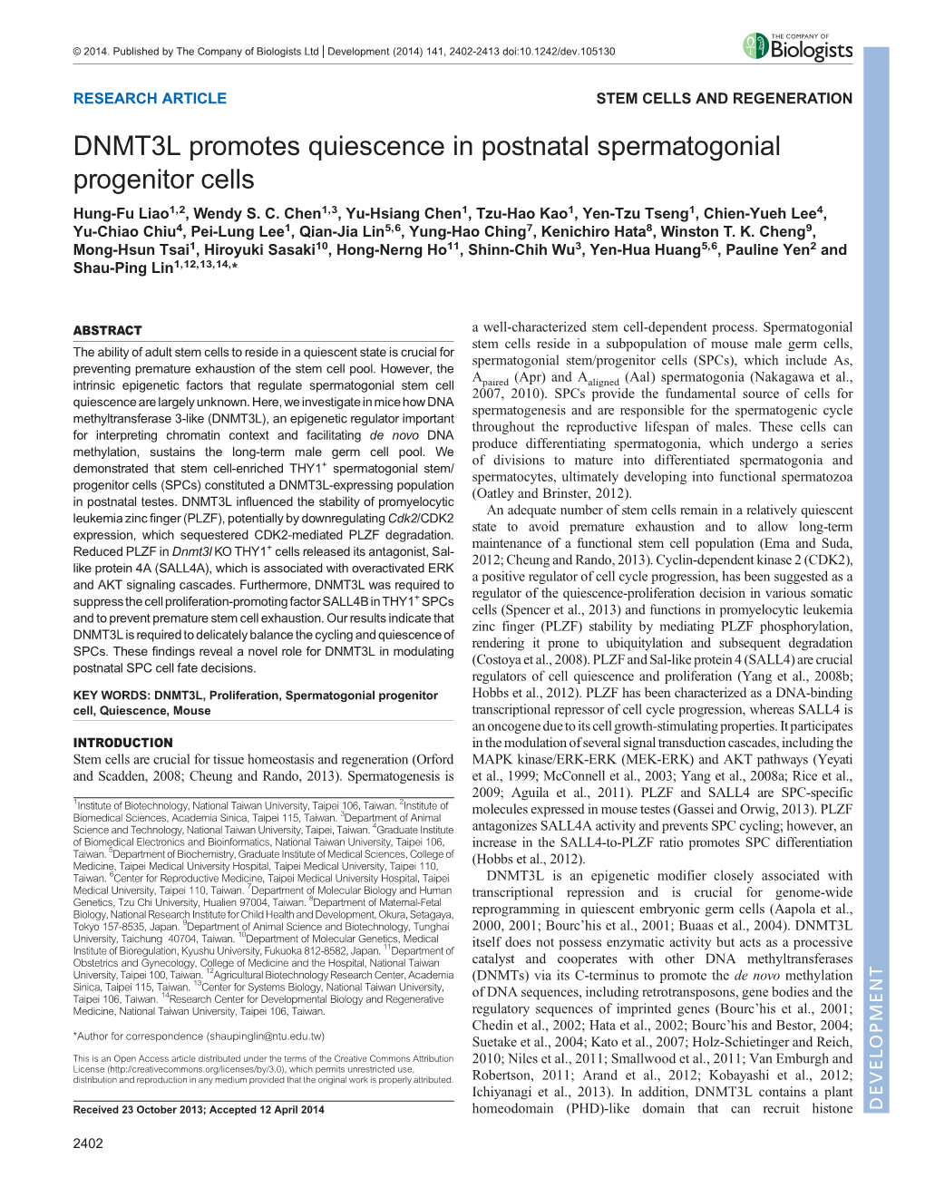 DNMT3L Promotes Quiescence in Postnatal Spermatogonial Progenitor Cells Hung-Fu Liao1,2, Wendy S