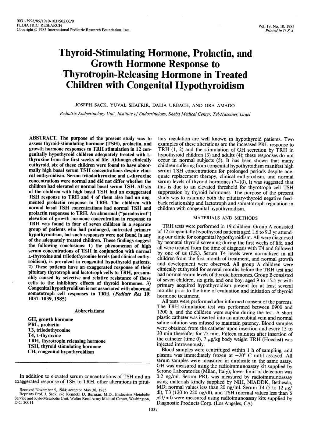 Thyroid-Stimulating Hormone, Prolactin, and Growth Hormone Response to Thyrotropin-Releasing Hormone in Treated Children with Congenital Hypothyroidism