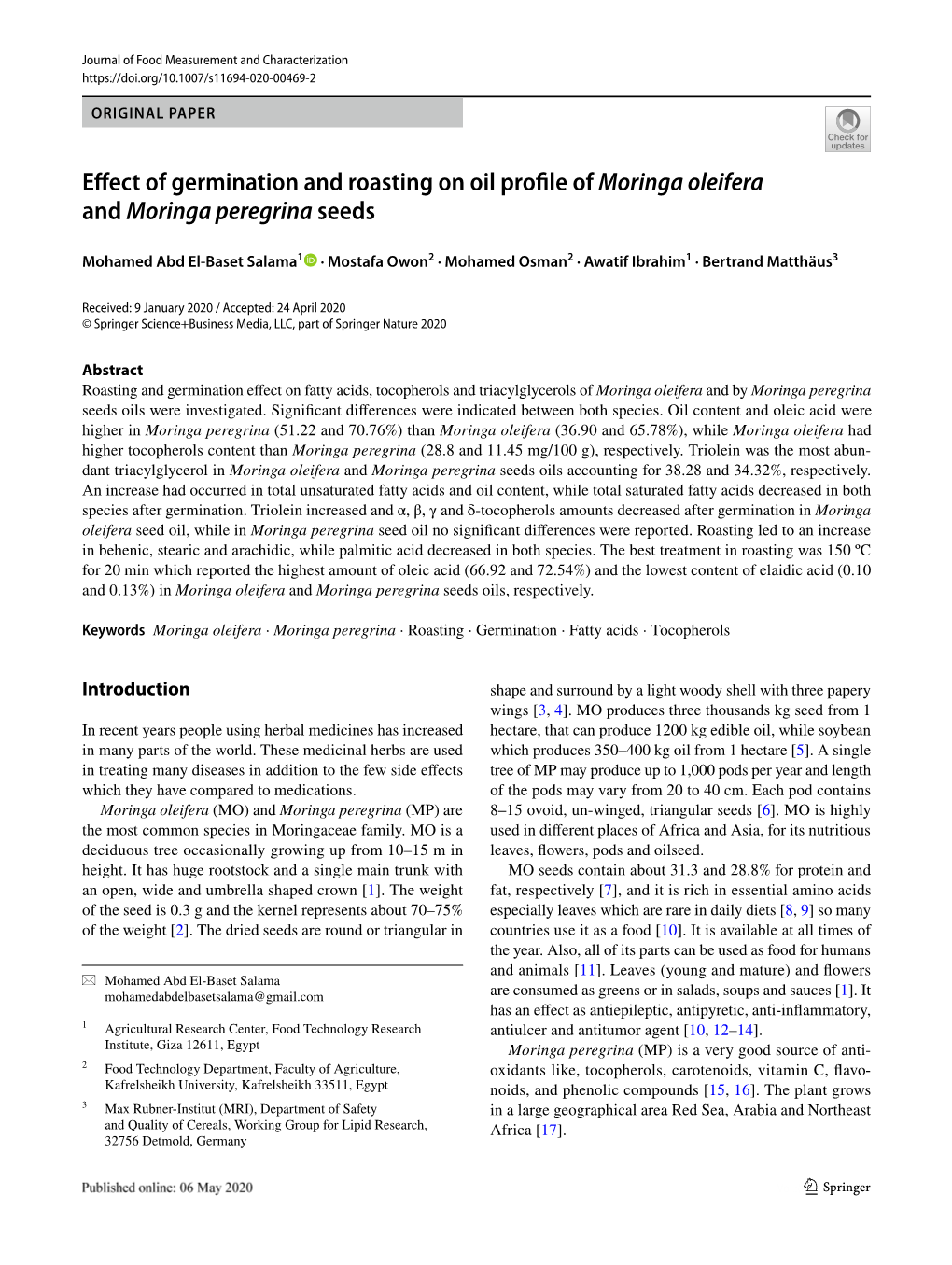 Effect of Germination and Roasting on Oil Profile of Moringa Oleifera And