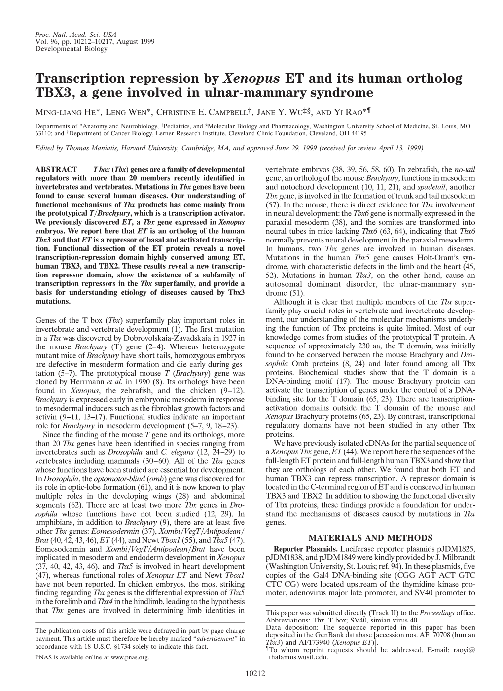 Transcription Repression by Xenopus ET and Its Human Ortholog TBX3, a Gene Involved in Ulnar-Mammary Syndrome