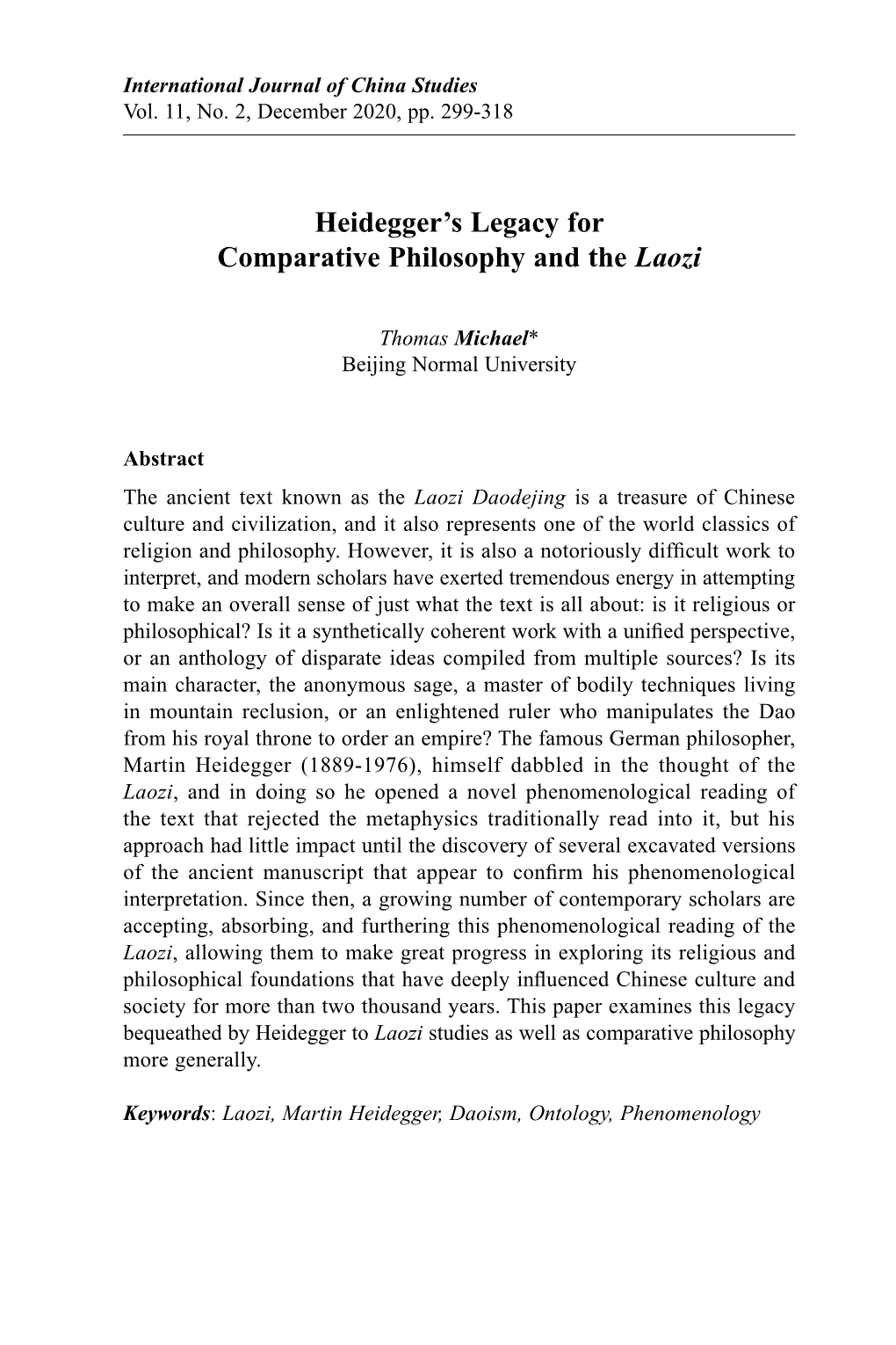 Heidegger's Legacy for Comparative Philosophy and the Laozi