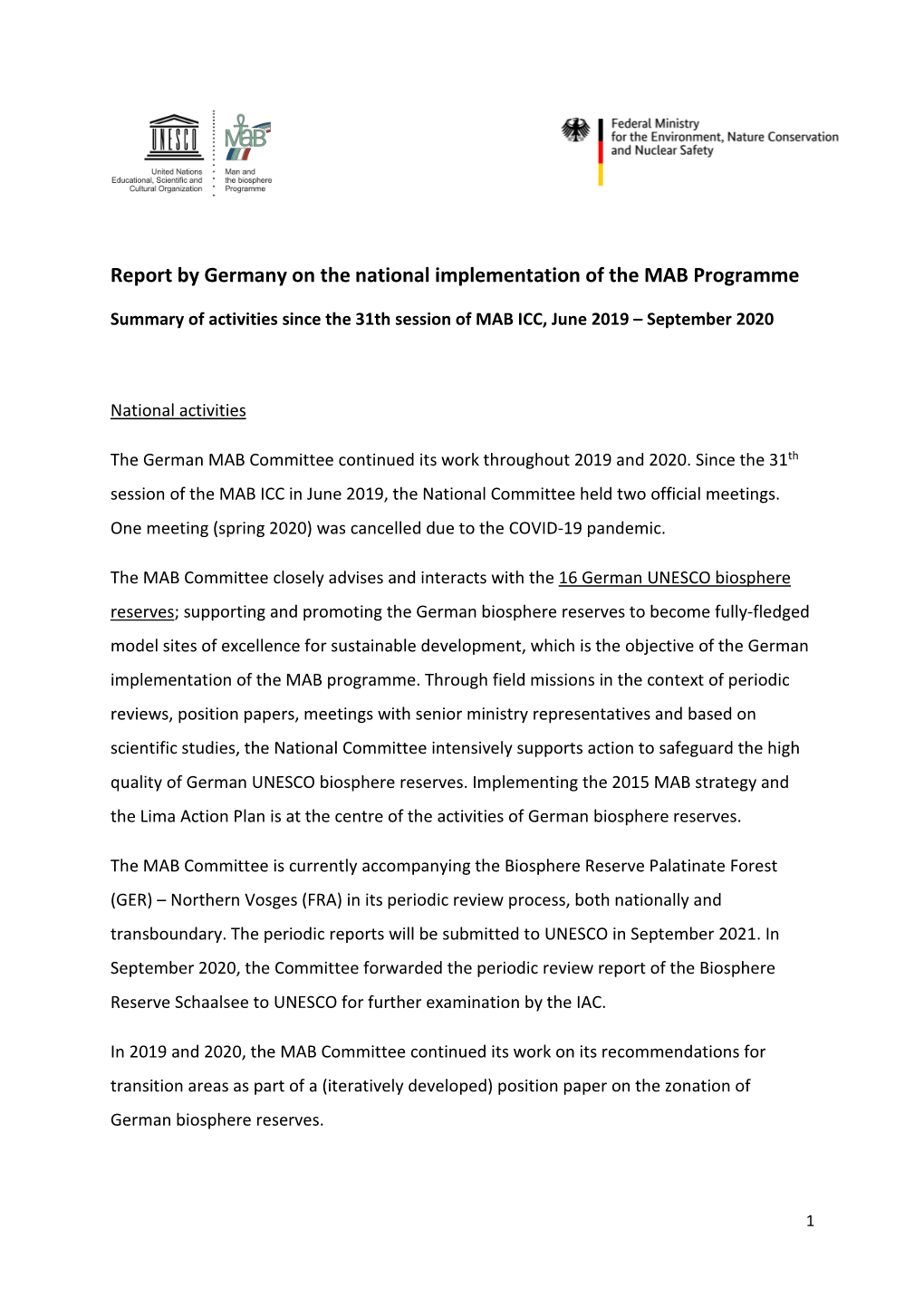 Report by Germany on the National Implementation of the MAB Programme