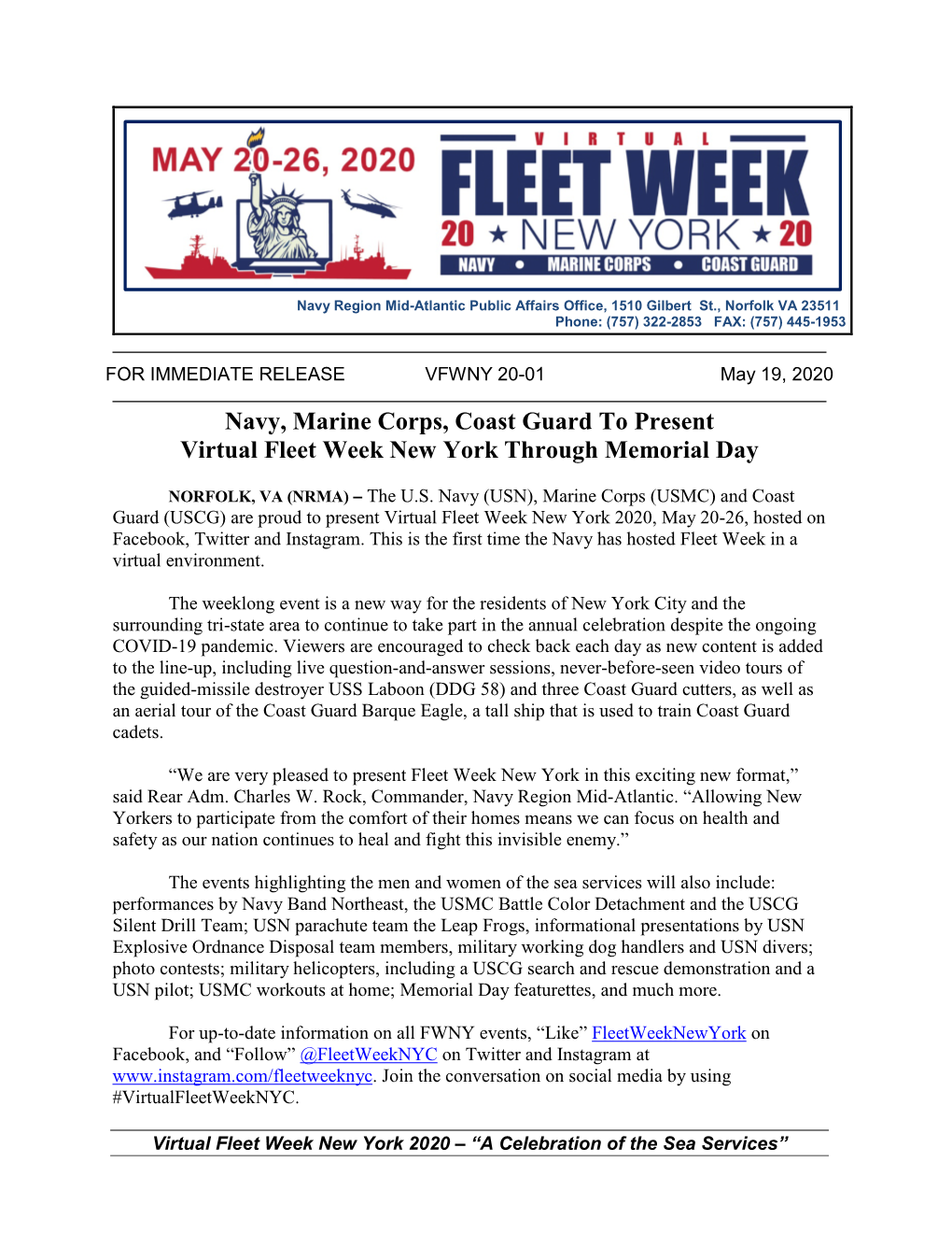 Navy, Marine Corps, Coast Guard to Present Virtual Fleet Week New York Through Memorial Day