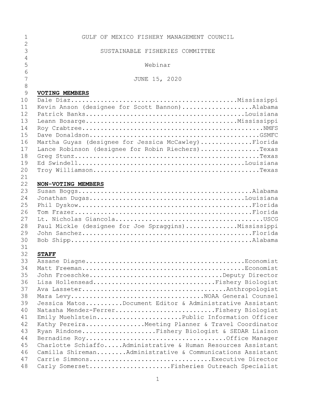 GULF of MEXICO FISHERY MANAGEMENT COUNCIL 2 3 SUSTAINABLE FISHERIES COMMITTEE 4 5 Webinar 6 7 JUNE 15, 2020 8 9 VOTING MEMBERS 10 Dale Diaz