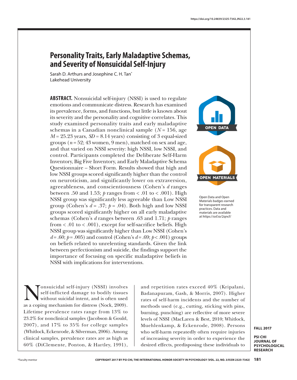 Personality Traits, Early Maladaptive Schemas, and Severity of Nonsuicidal Self-Injury Sarah D