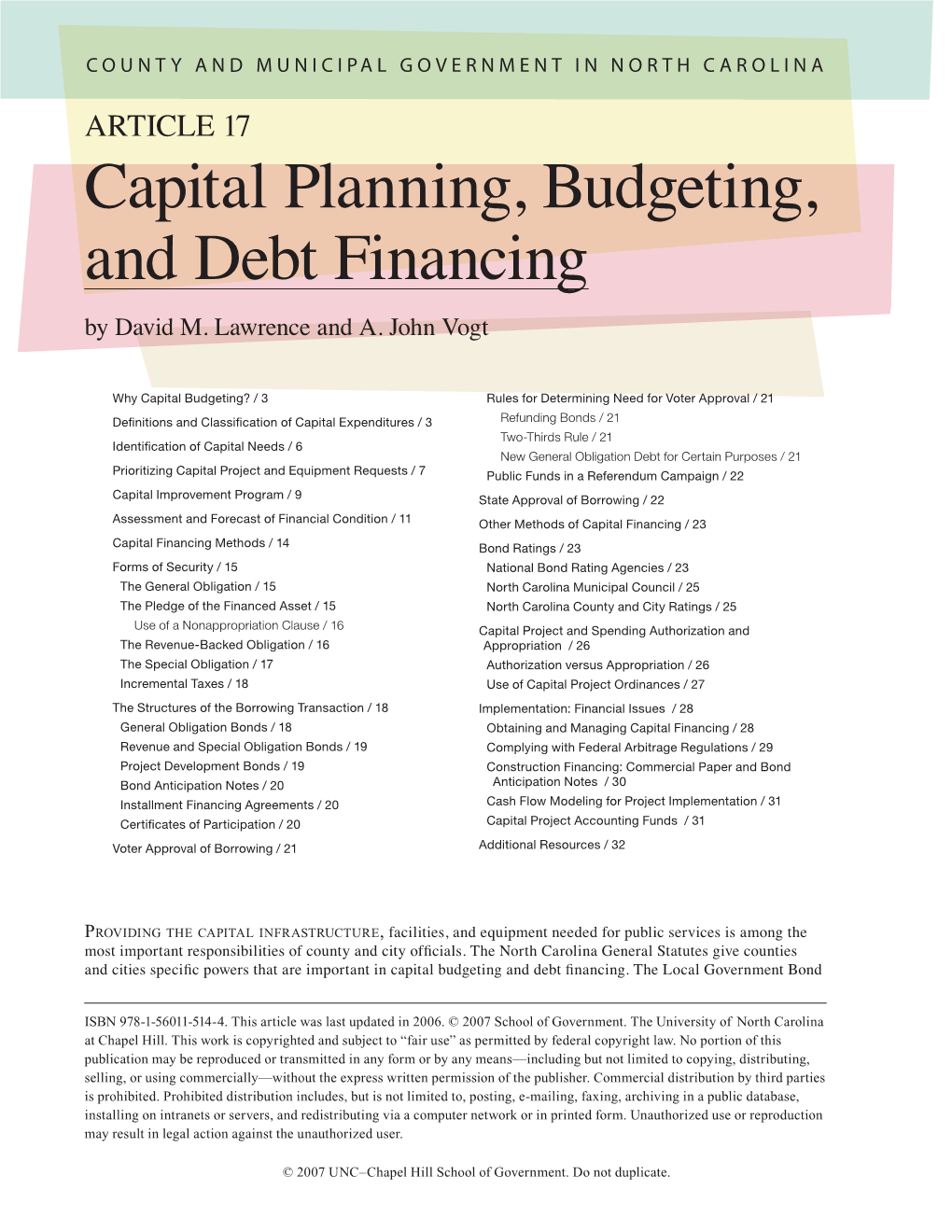 Capital Planning, Budgeting, and Debt Financing by David M