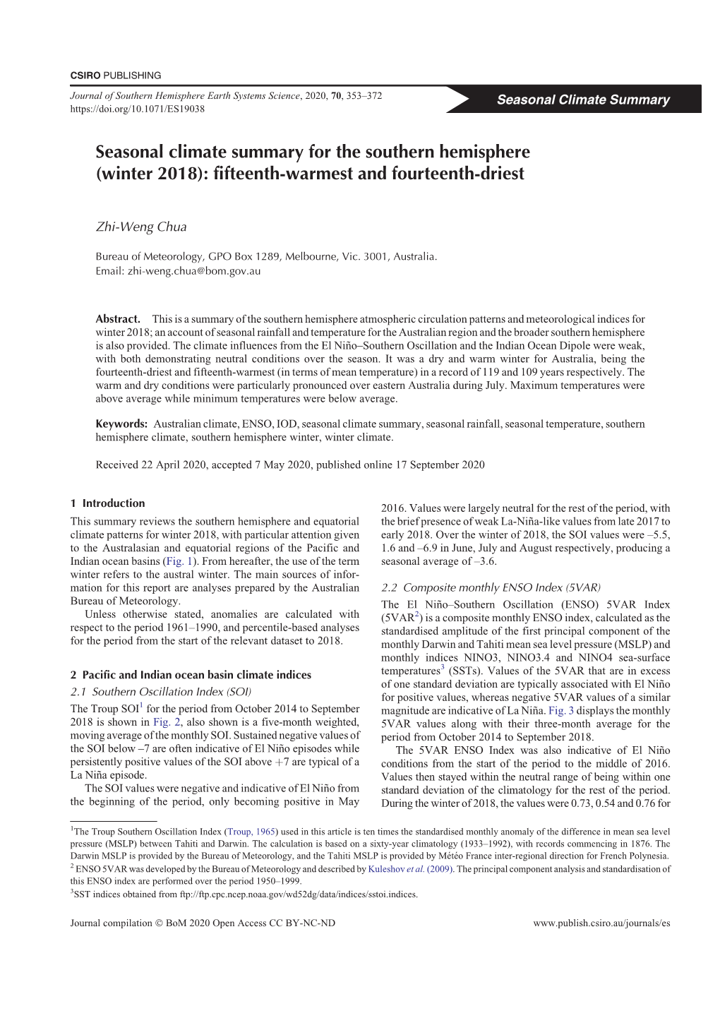 Seasonal Climate Summary for the Southern Hemisphere (Winter 2018): Fifteenth-Warmest and Fourteenth-Driest