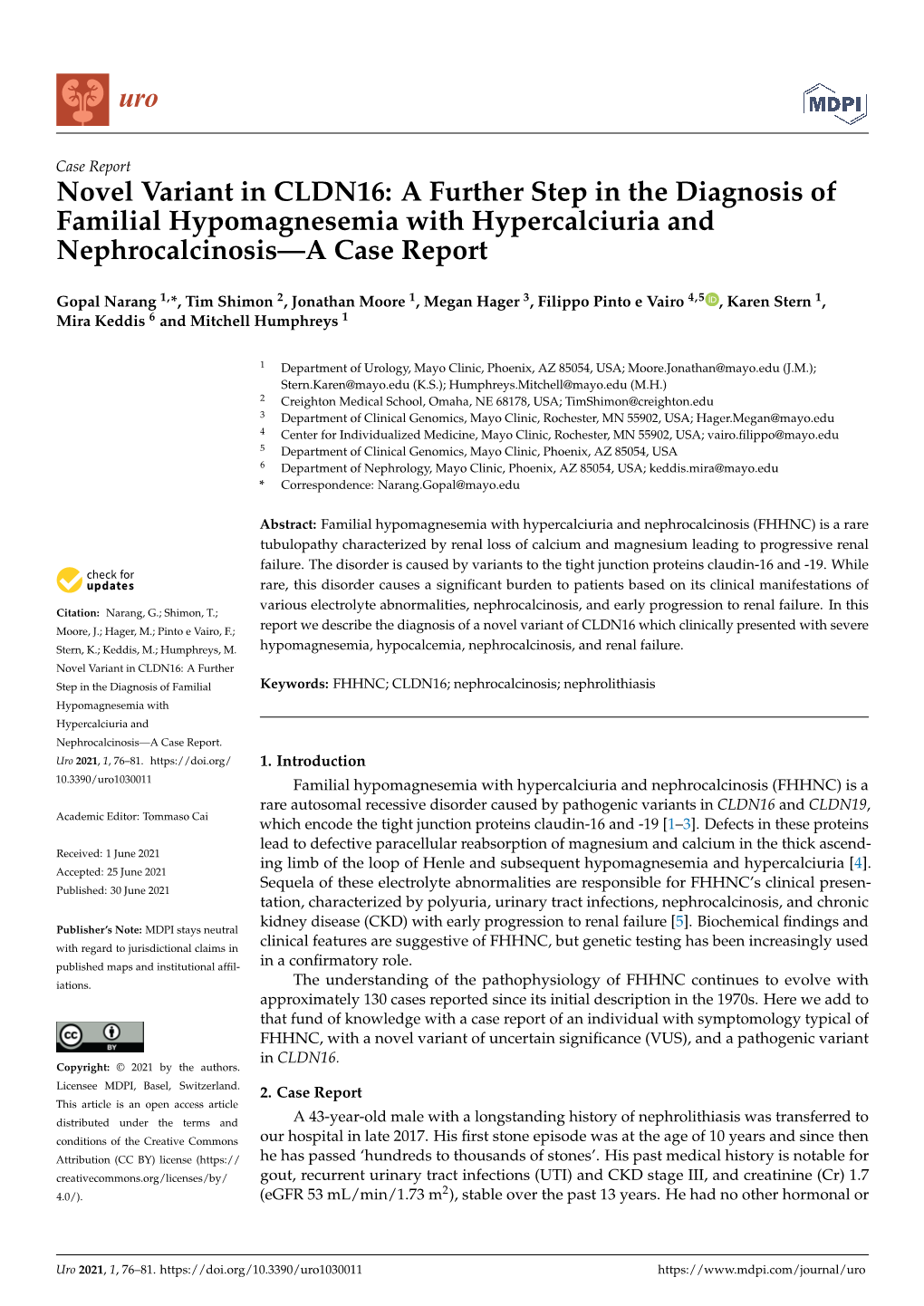 Novel Variant in CLDN16: a Further Step in the Diagnosis of Familial Hypomagnesemia with Hypercalciuria and Nephrocalcinosis—A Case Report