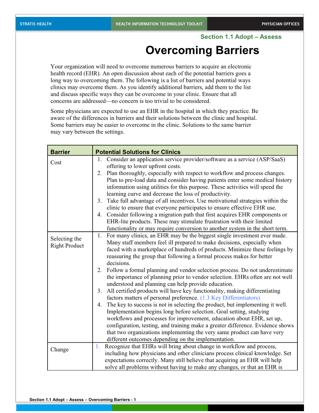 Section 1.1 Adopt Assess Overcoming Barriers - 1