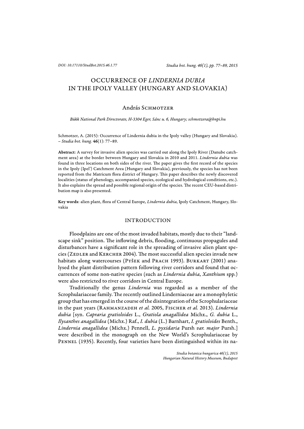 Occurrence of Lindernia Dubia in the Ipoly Valley (Hungary and Slovakia)