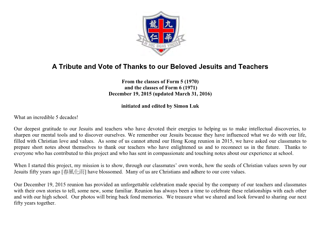 A Tribute and Vote of Thanks to Our Beloved Jesuits and Teachers