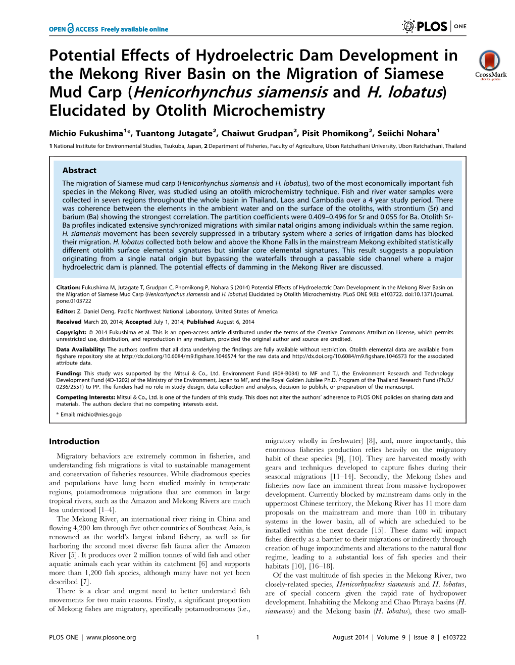 Mud Carp (Henicorhynchus Siamensis and H. Lobatus) Elucidated by Otolith Microchemistry