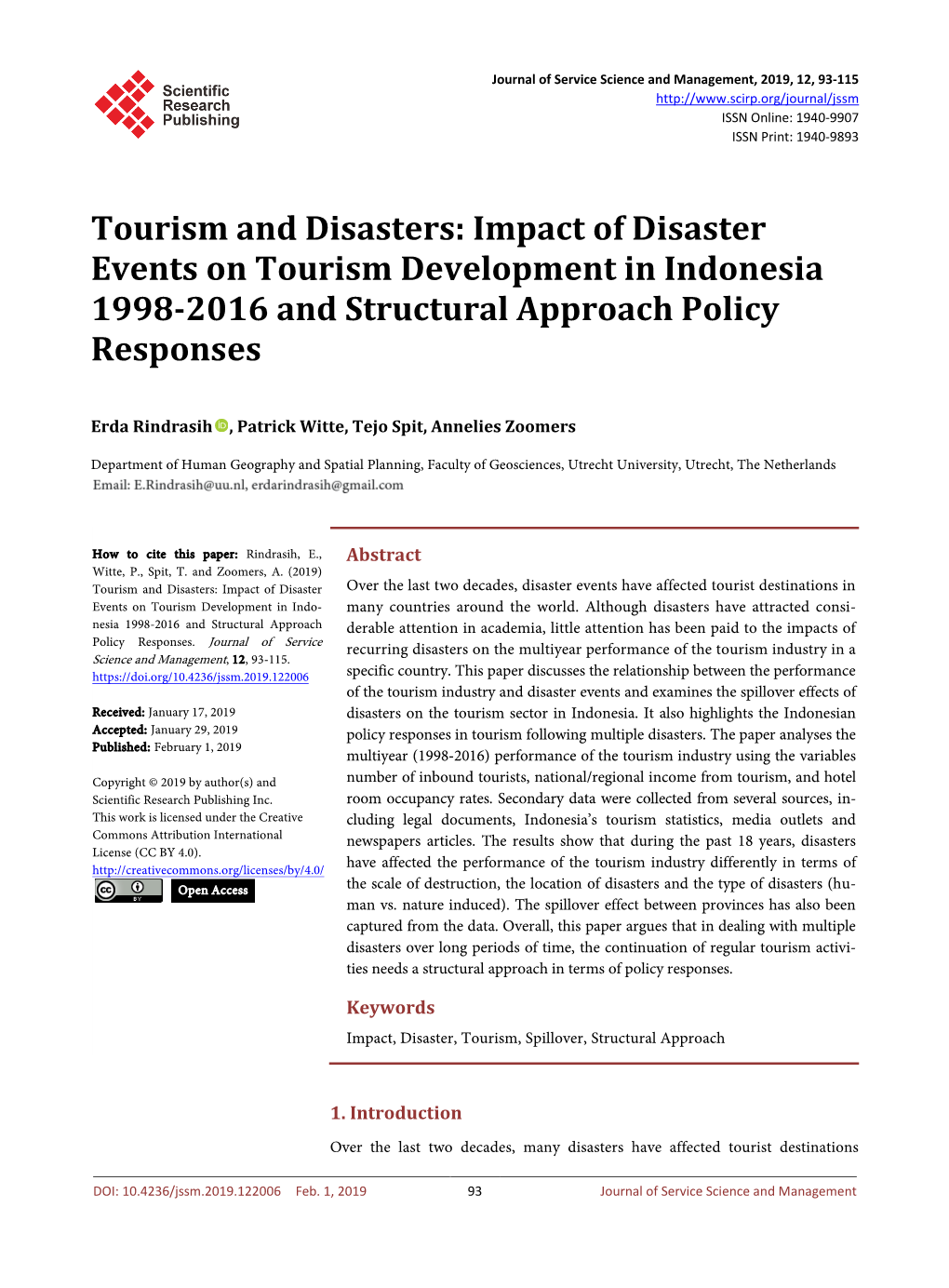 Impact of Disaster Events on Tourism Development in Indonesia 1998-2016 and Structural Approach Policy Responses