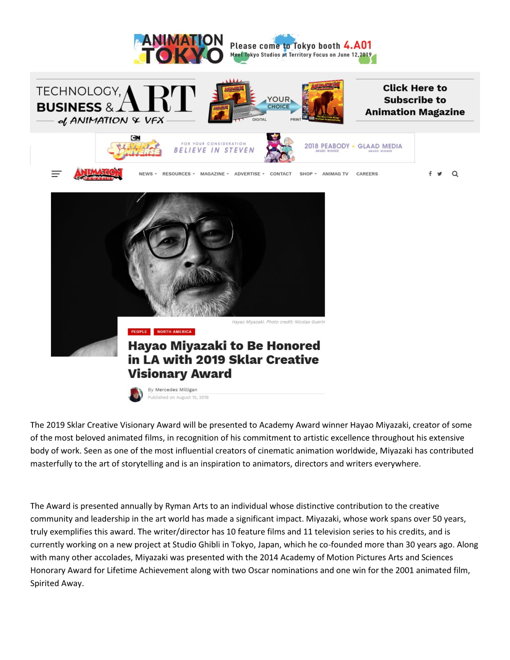Hayao Miyazaki to Be Honored in LA with 2019 Sklar Creative Visionary