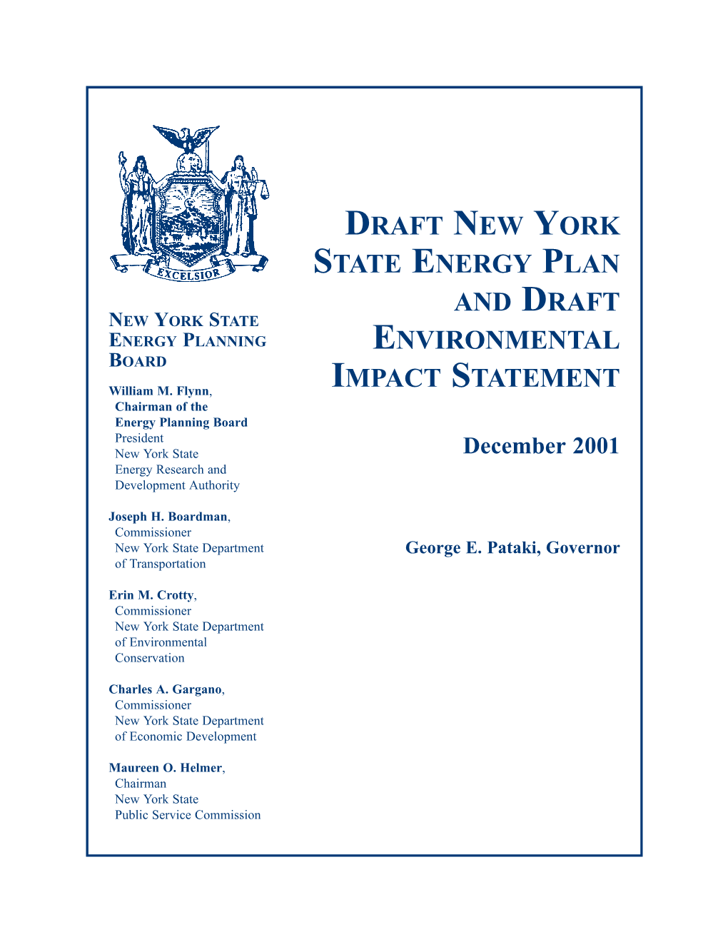 Draft New York State Energy Plan and Draft Environmental Impact Statement Dated December 2001