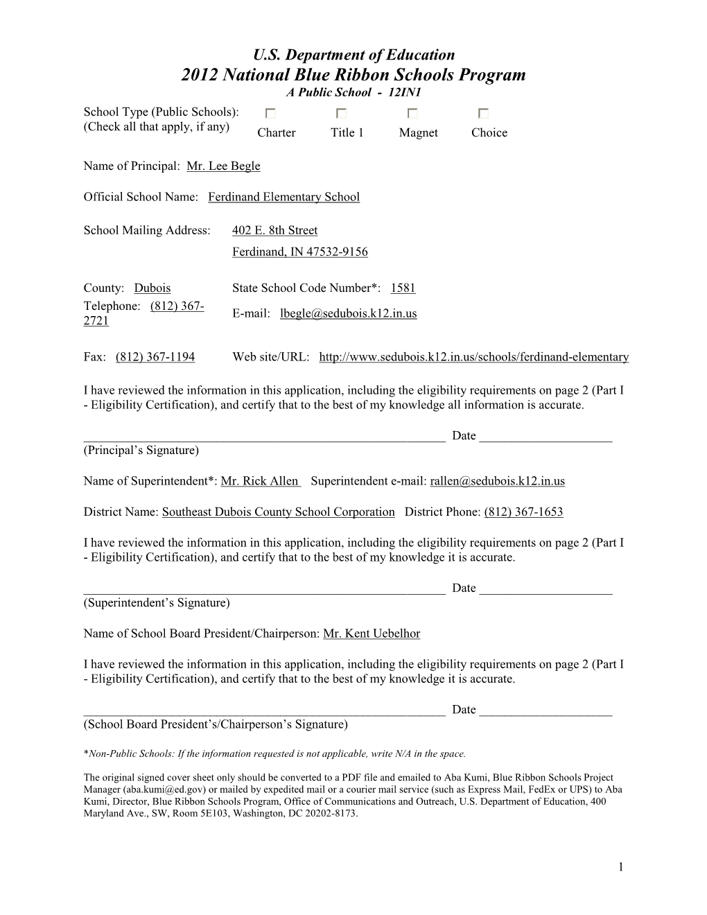 Ferdinand Elementary School's Application for the 2012 National