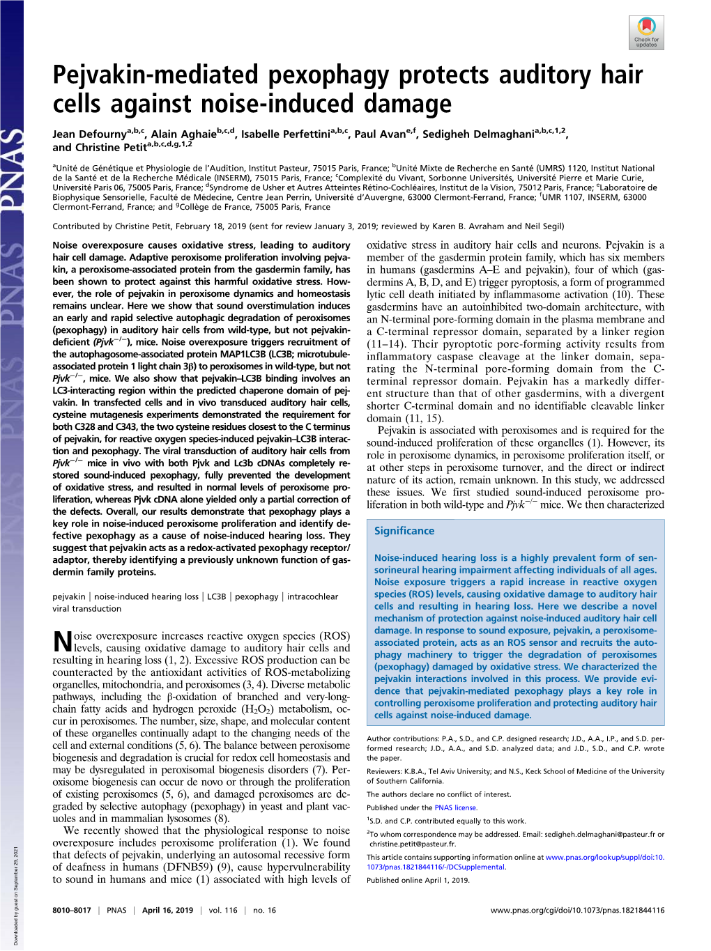 Pejvakin-Mediated Pexophagy Protects Auditory Hair Cells Against Noise-Induced Damage