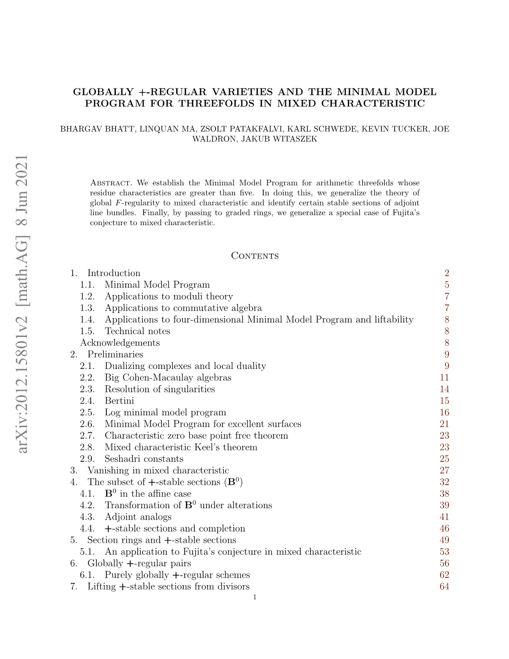 Arxiv:2012.15801V2 [Math.AG] 8 Jun 2021 HRA HT,LNUNM,ZOTPTKAV,KR SCHWEDE, PATAKFALVI, KARL ZSOLT MA, LINQUAN BHATT, BHARGAV .Introduction 1