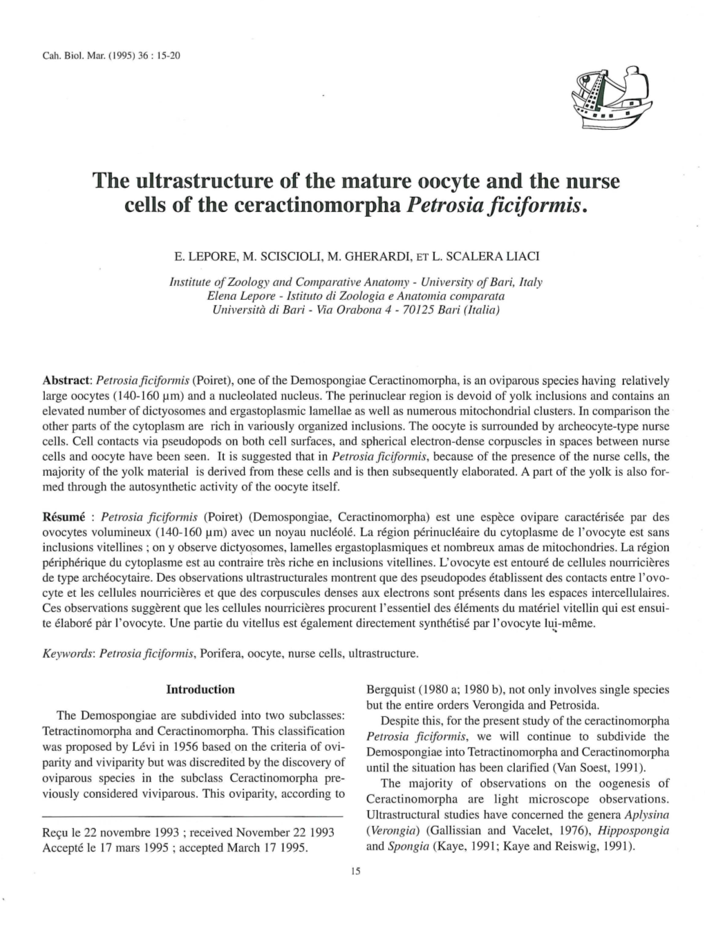 The Ultrastructure of the Mature Oocyte and the Nurse Cells of the Ceractinomorpha Petrosia Fic Iform Is