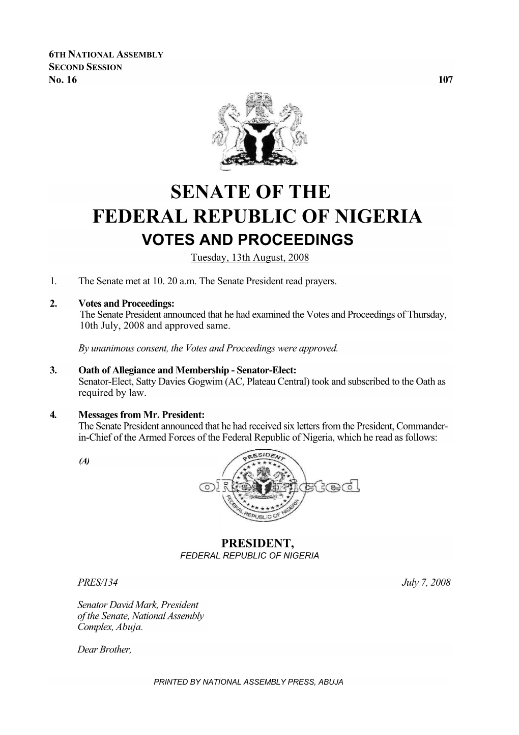 Senate of the Federal Republic of Nigeria for Consideration