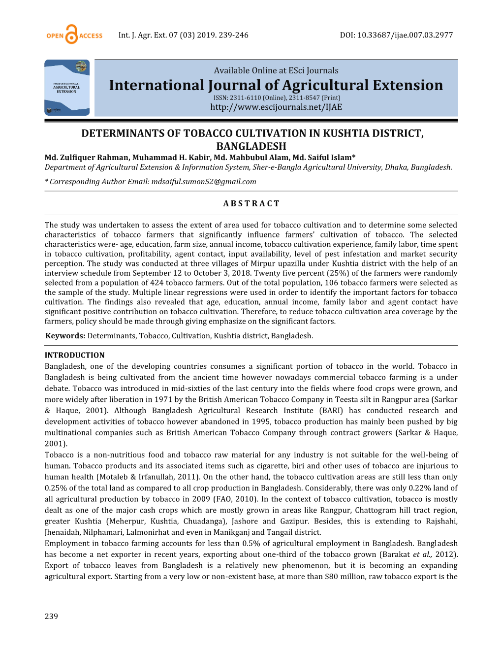International Journal of Agricultural Extension ISSN: 2311-6110 (Online), 2311-8547 (Print)