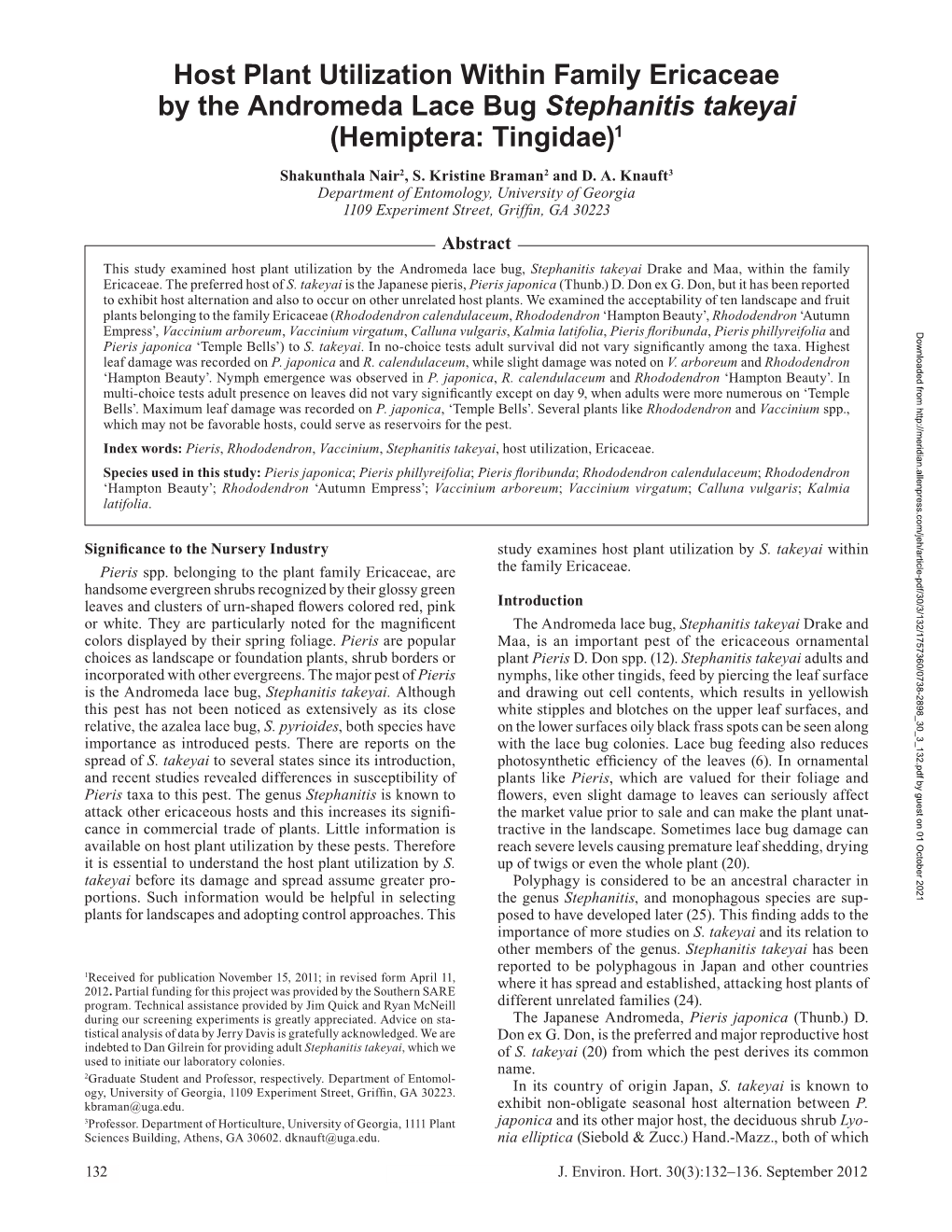 Host Plant Utilization Within Family Ericaceae by the Andromeda Lace Bug Stephanitis Takeyai (Hemiptera: Tingidae)1