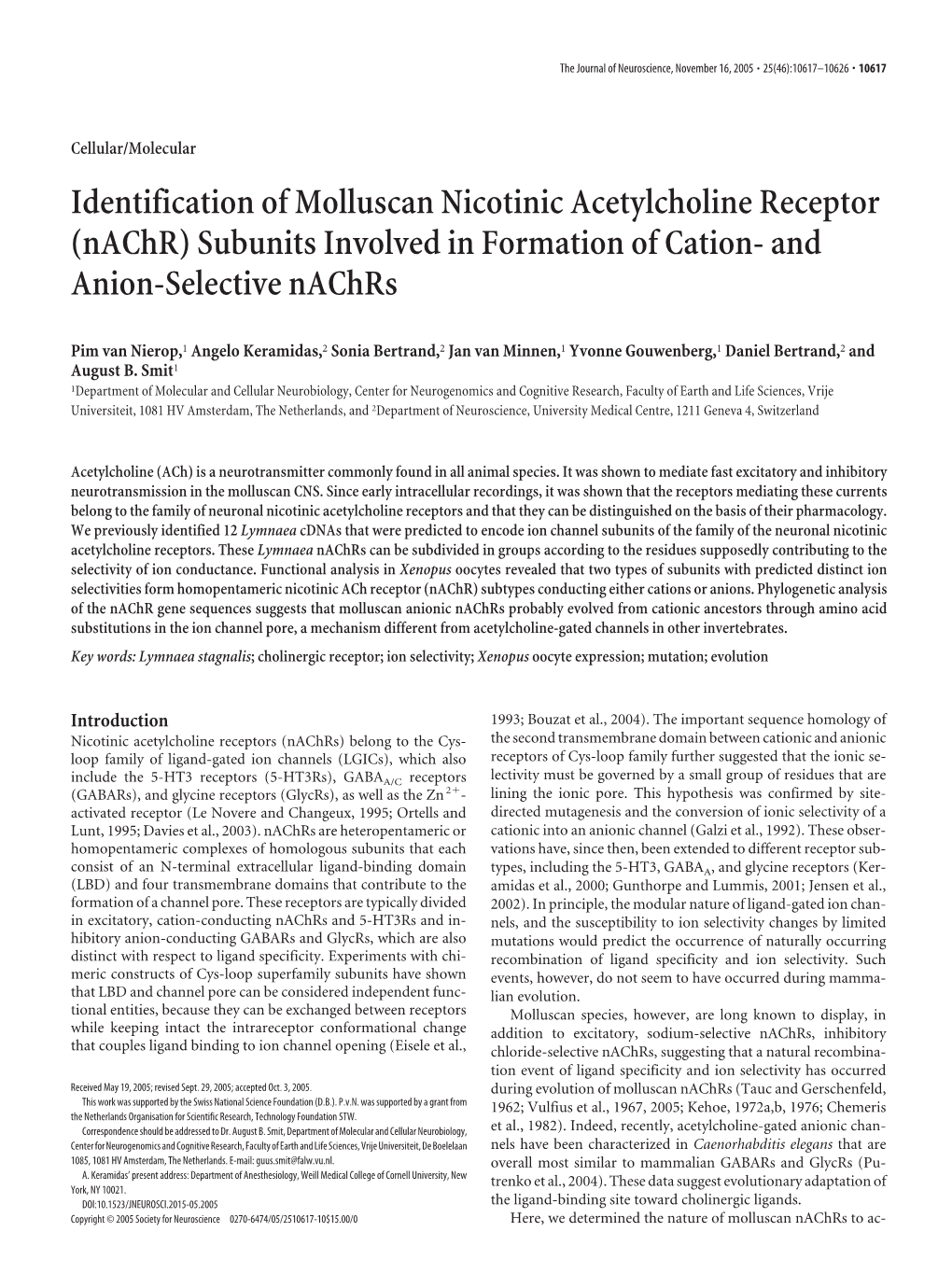 Identification of Molluscan Nicotinic Acetylcholine Receptor (Nachr) Subunits Involved in Formation of Cation- and Anion-Selective Nachrs
