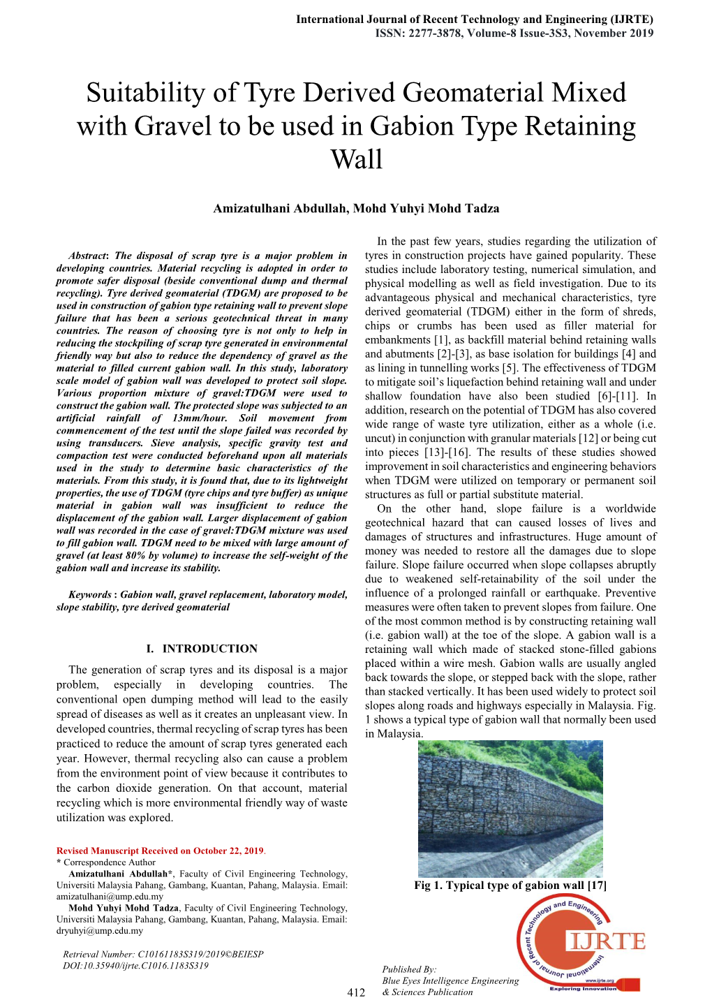 Suitability of Tyre Derived Geomaterial Mixed with Gravel to Be Used in Gabion Type Retaining Wall