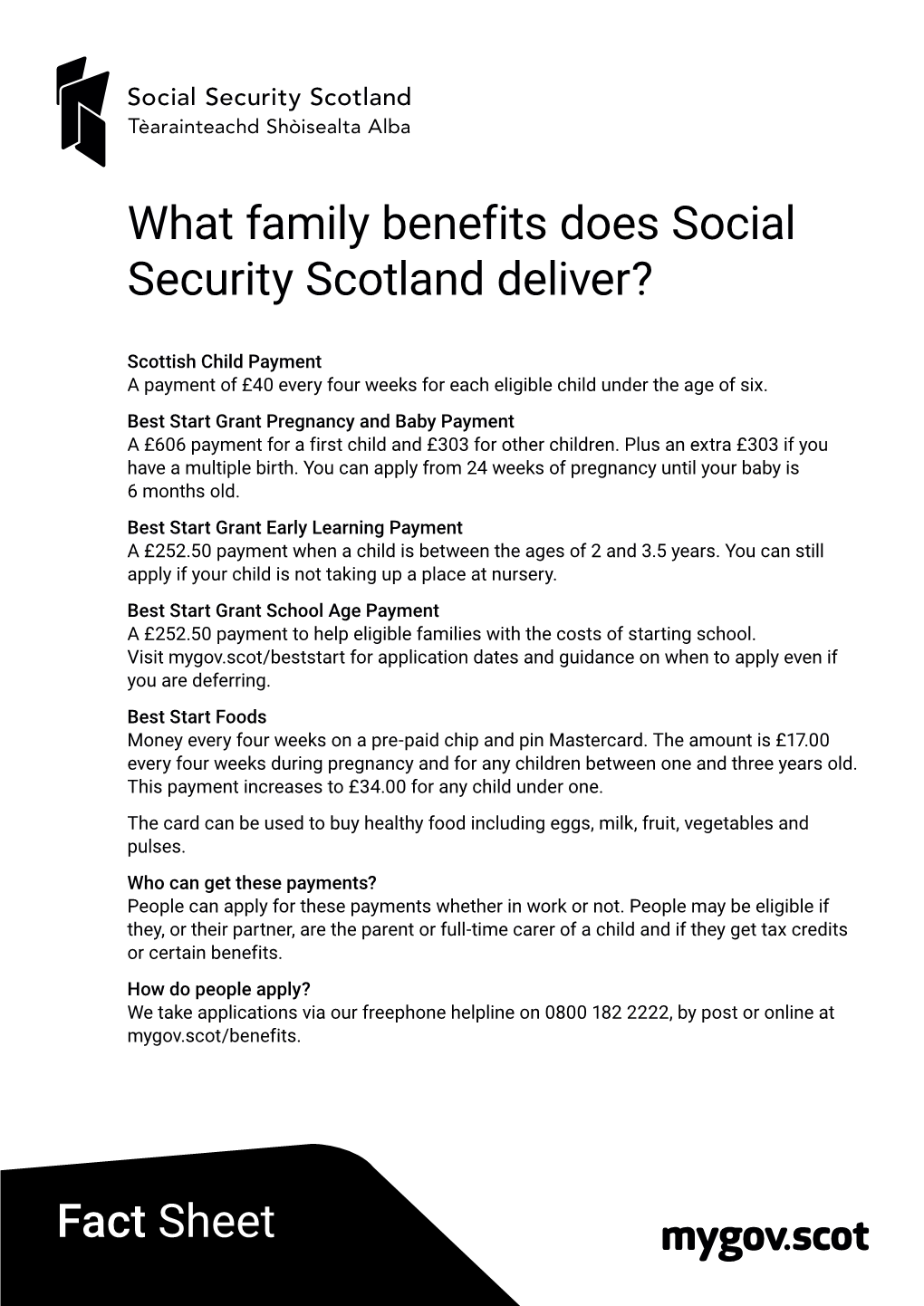 Fact Sheet What Family Benefits Does Social Security Scotland Deliver?