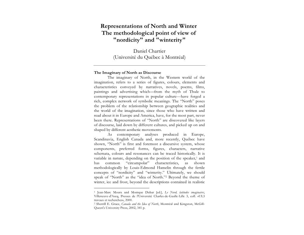 Representations of North and Winter the Methodological Point of View of "Nordicity" and "Winterity"