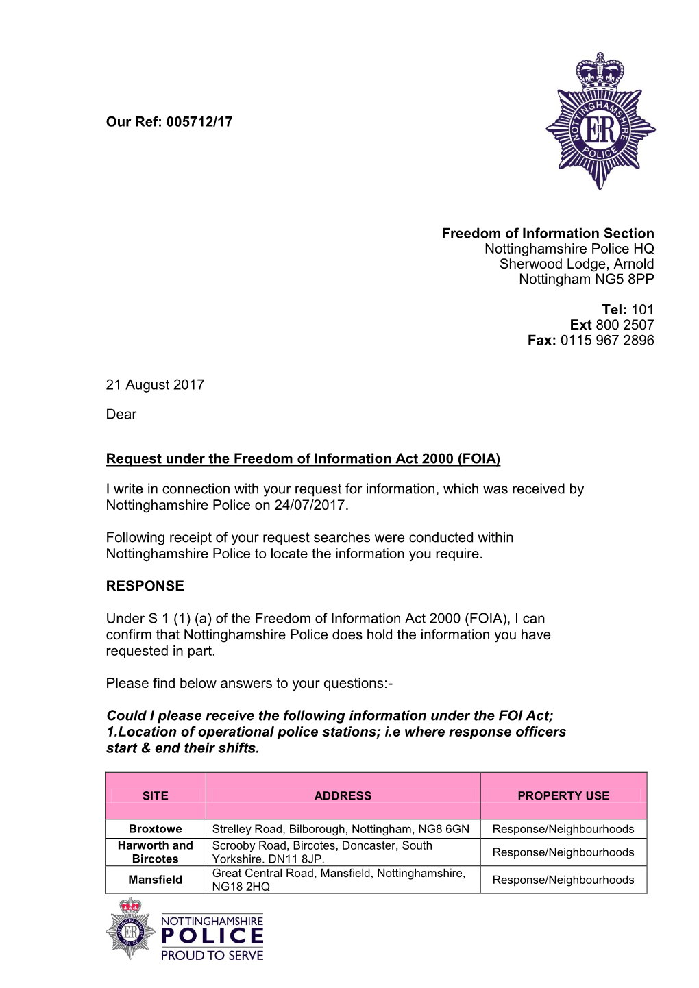 Operational Police Based Stations FOI 5712-17