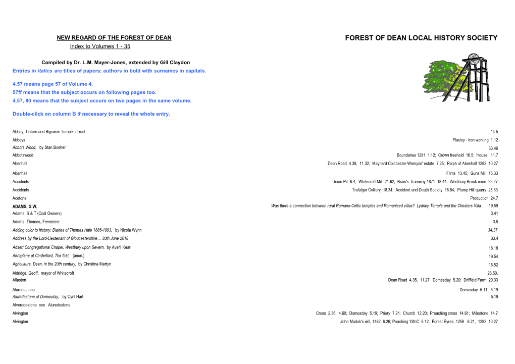 FOREST of DEAN LOCAL HISTORY SOCIETY Index to Volumes 1 - 35