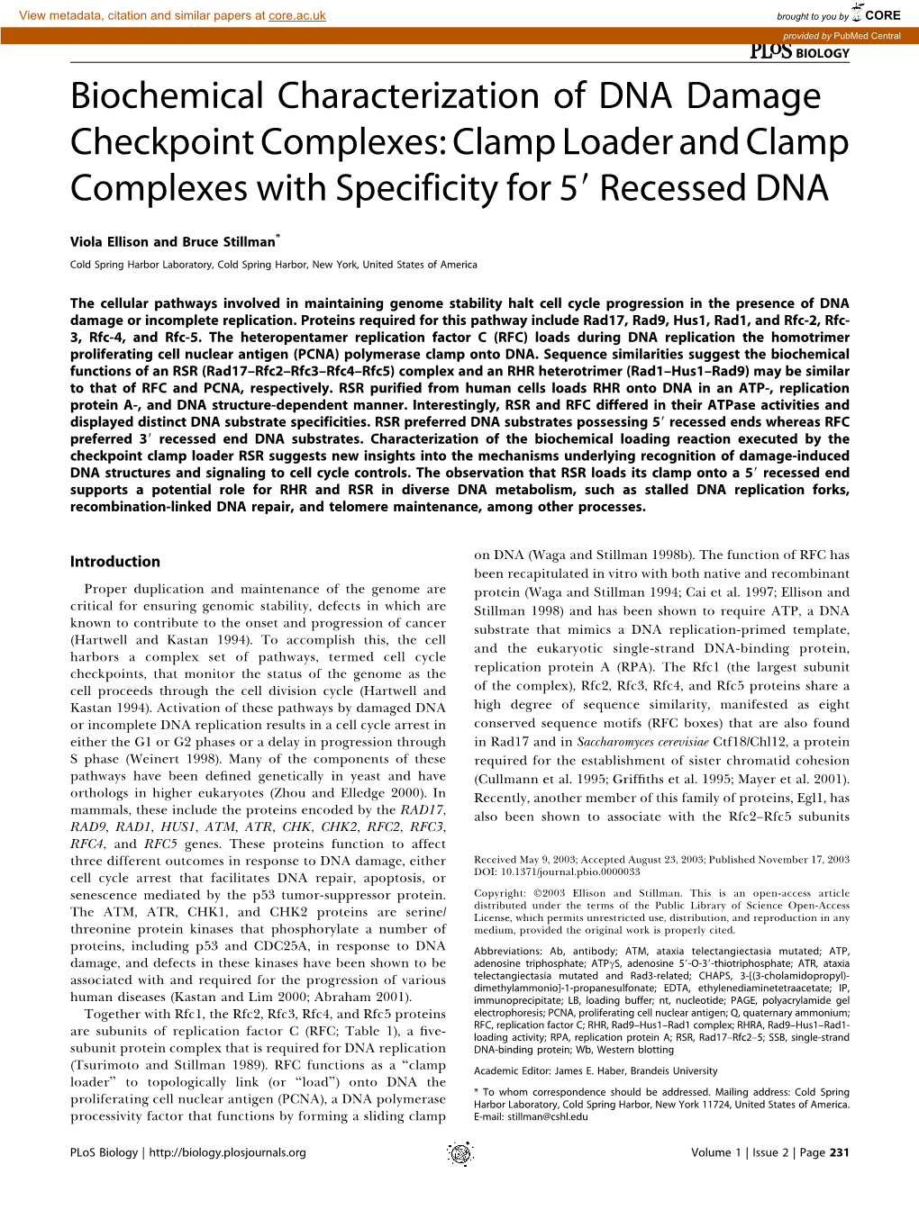 Biochemical Characterization of DNA Damage Checkpoint Complexes: Clamp Loader and Clamp Complexes with Specificity for 59 Recessed DNA