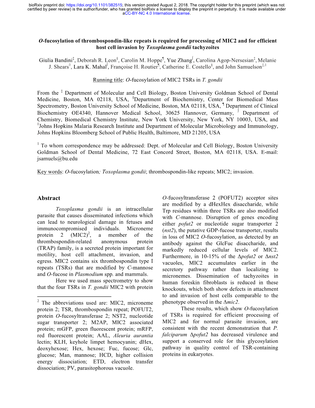 O-Fucosylation of Thrombospondin-Like Repeats Is Required for Processing of MIC2 and for Efficient Host Cell Invasion by Toxoplasma Gondii Tachyzoites