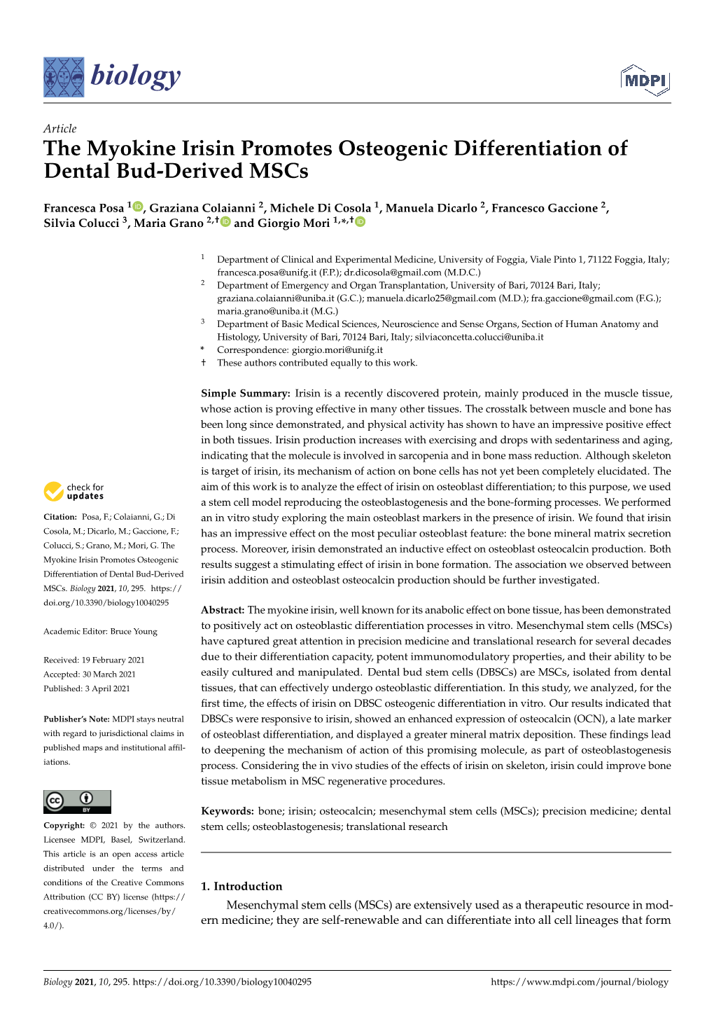 The Myokine Irisin Promotes Osteogenic Differentiation of Dental Bud-Derived Mscs