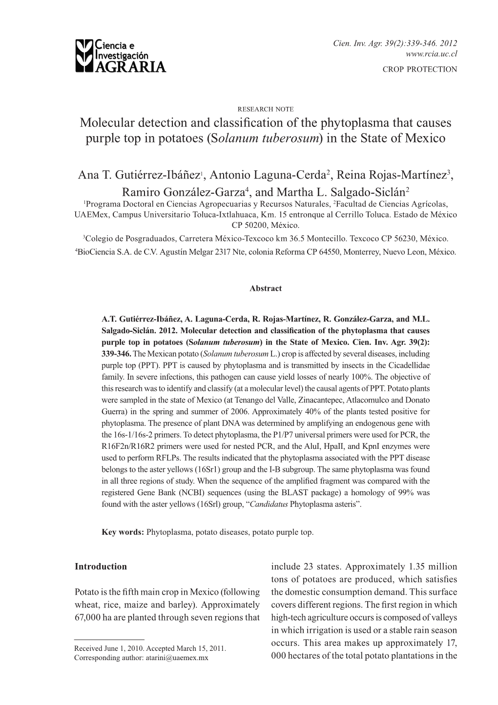 Molecular Detection and Classification of the Phytoplasma That Causes Purple Top in Potatoes (Solanum Tuberosum) in the State of Mexico