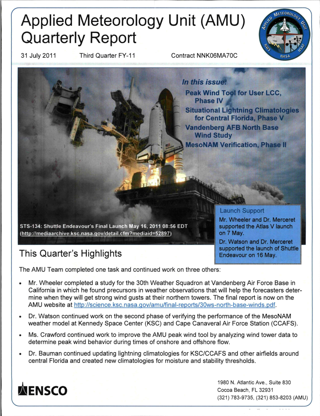 Applied Meteorology Unit (AMU) Quarterly Report