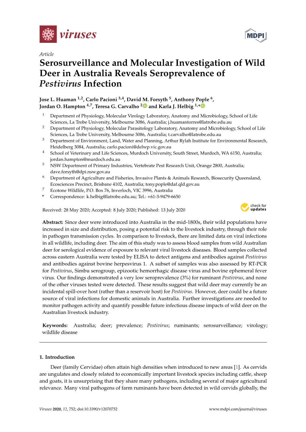 Serosurveillance and Molecular Investigation of Wild Deer in Australia Reveals Seroprevalence of Pestivirus Infection