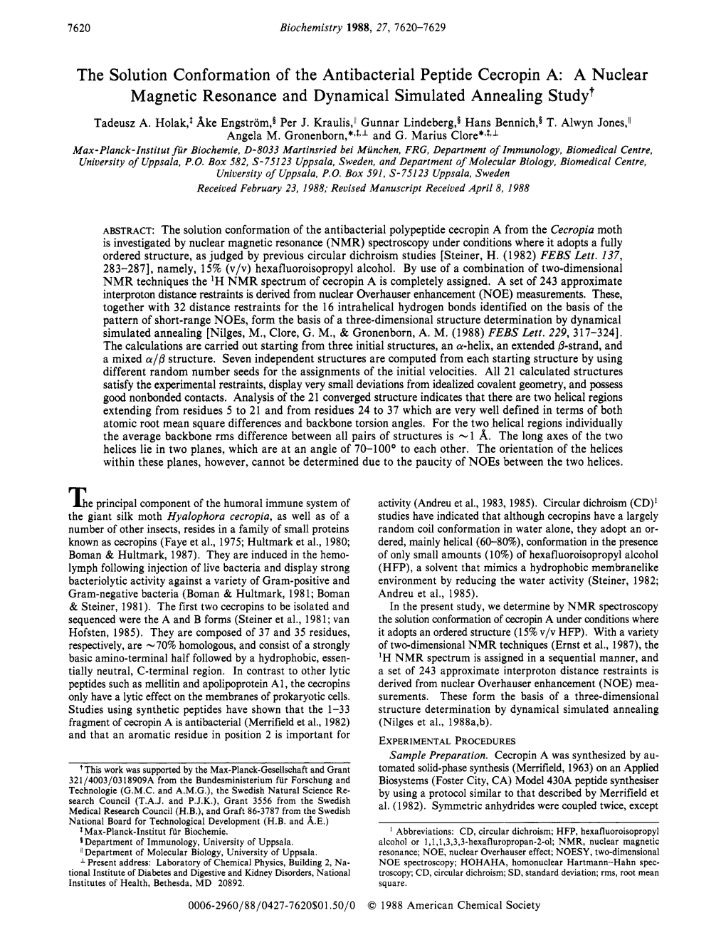 The Solution Conformation of the Antibacterial Peptide Cecropin A: a Nuclear Magnetic Resonance and Dynamical Simulated Annealing Study+