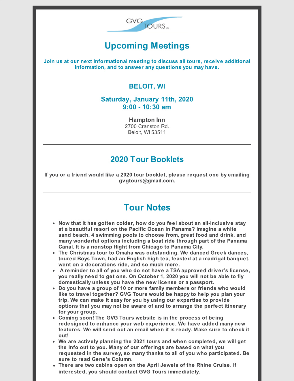 Upcoming Meetings Tour Notes