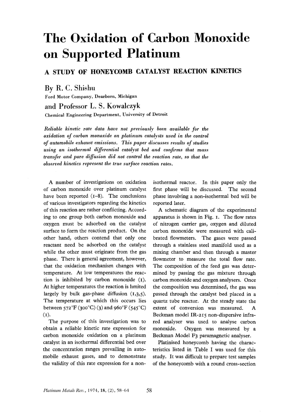 The Oxidation of Carbon Monoxide on Supported Platinum